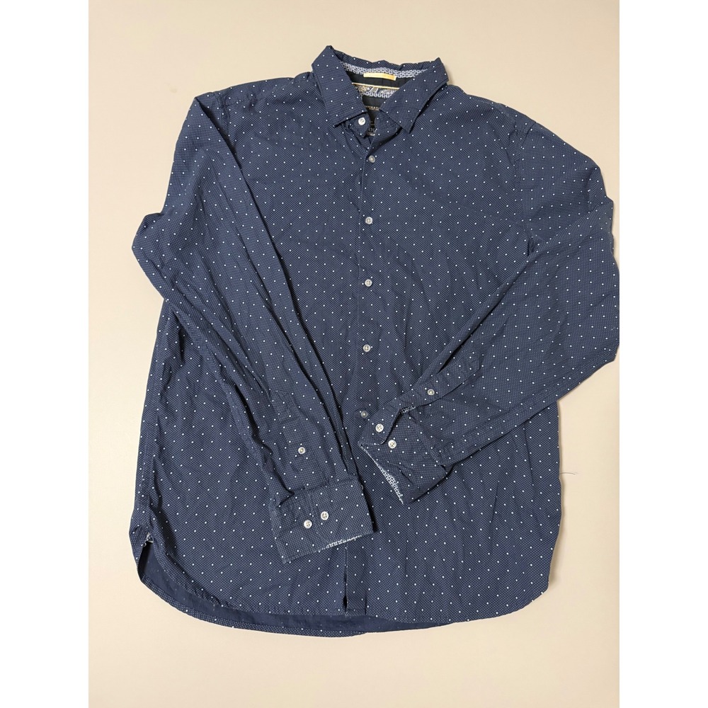 Denim & Flower Ricky Singh Mens Navy Blue Polka Dot Long Sleeve Button Large
